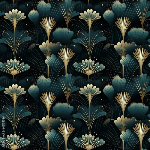 art deco seamless pattern of blue and gold botanical elements