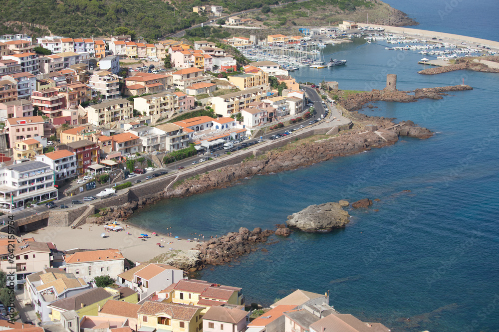 Top view of Sardinian coast with city and harbour