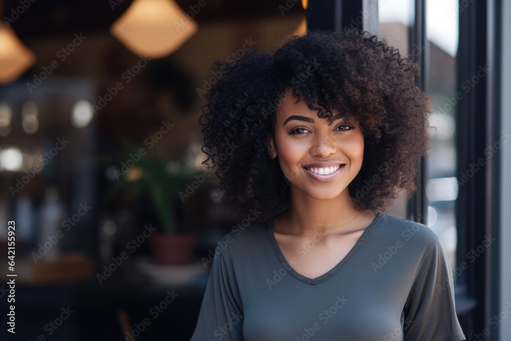 Young African American Woman with curly hair standing in front of a shop Young African American Woman with curly hair standing in front of a shop