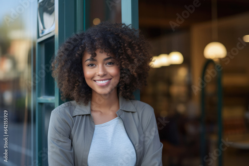 Young African American Woman with curly hair standing in front of a shop