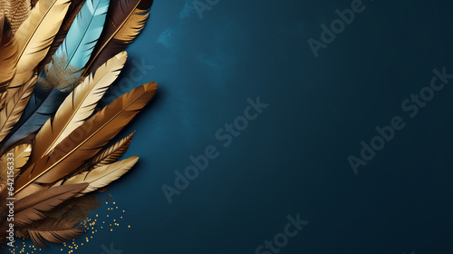 Golden and blue indigenous feather copy space background photo