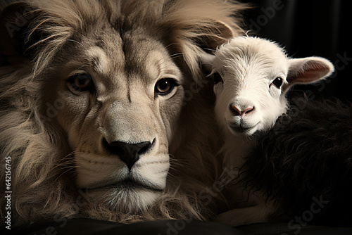 The Lion and the Lamb, Bible's description of the coming of Jesus Christ. AI-generated black and white image	
 photo