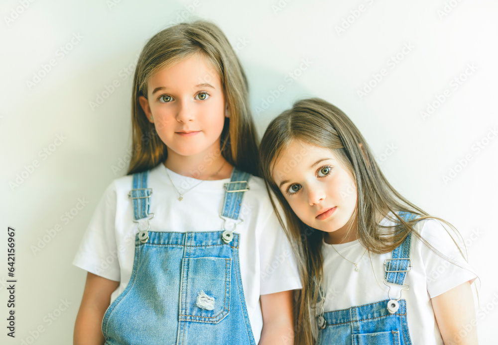 The Two nice and cute sister portrait at home the little child look et camera