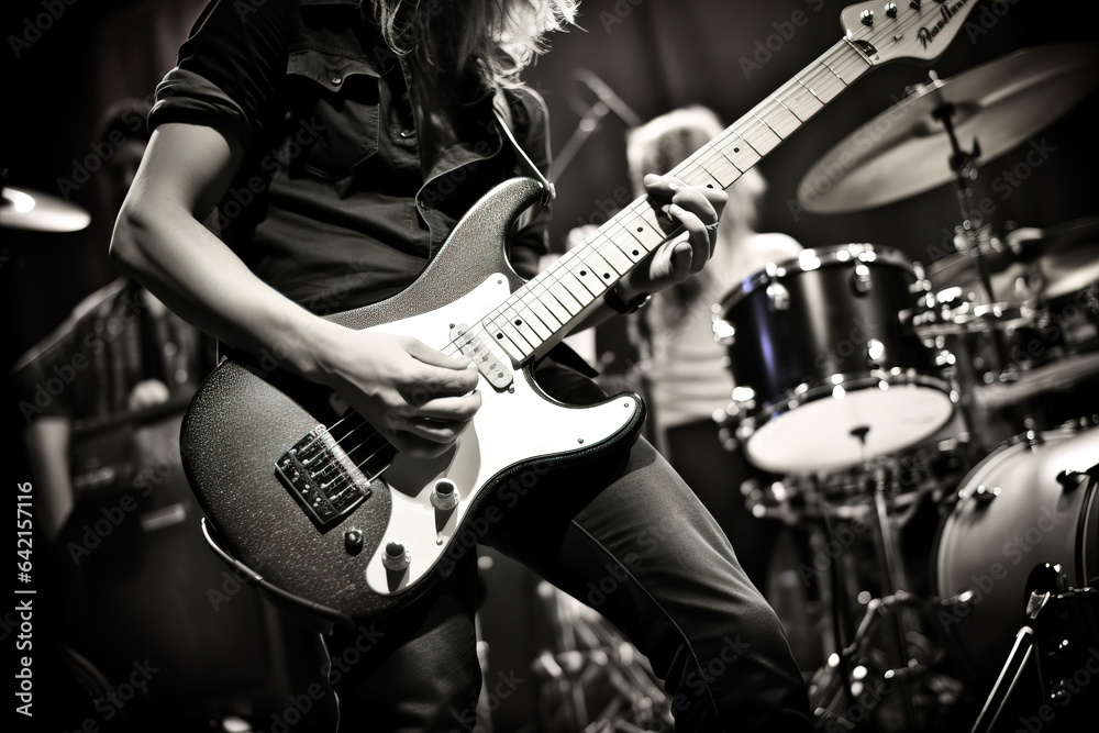 A rock band is performing on stage. Guitarist, bass guitar and drums. The guitarist is in the foreground. Close up - obrazy, fototapety, plakaty 
