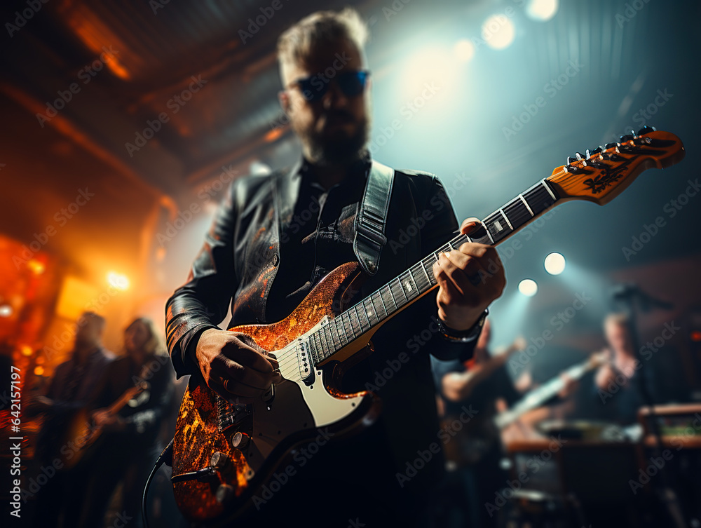 Obraz premium A rock band is performing on stage. Guitarist, bass guitar and drums. The guitarist is in the foreground. Close up
