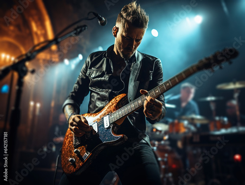 A rock band is performing on stage. Guitarist, bass guitar and drums. The guitarist is in the foreground. Close up