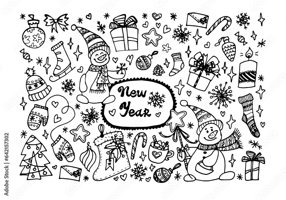 New Years stickers. Christmas doodles. Hand drawn xmas illustrations. Winter and New Year black outline icons.