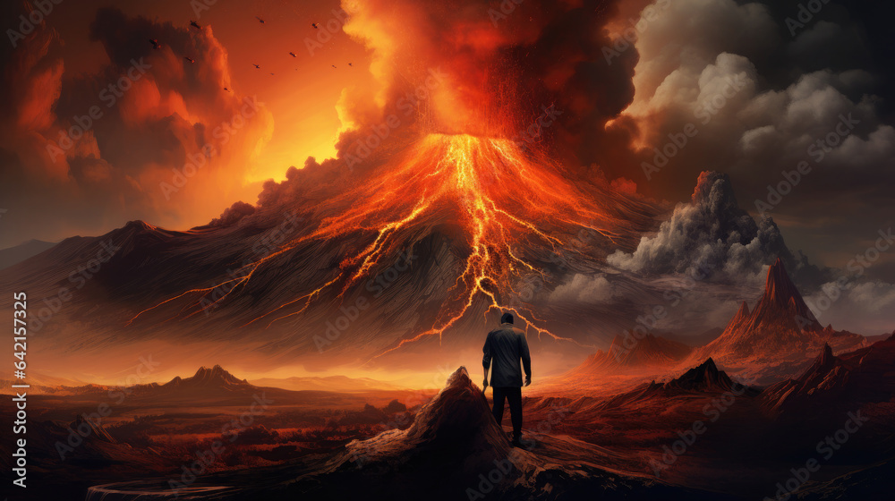 Generative AI, male scientist volcanologist on the background of an erupting volcano, the study of tectonic plates, lava, magma, earthquake, volcanology, crater, fire, traveler, brave man, eruption