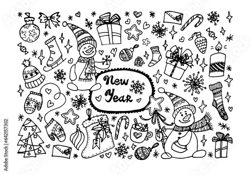 Fototapeta Naklejka Na Ścianę i Meble -  New Years stickers. Christmas doodles. Hand drawn xmas illustrations. Winter and New Year black outline icons.