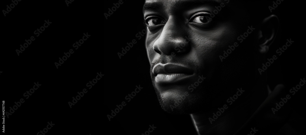 Close up black and white photo of african american man staring. Male model high quality studio photo - obrazy, fototapety, plakaty 