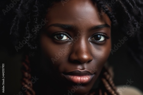 Close up photo of african american woman staring. Female model high quality studio photo