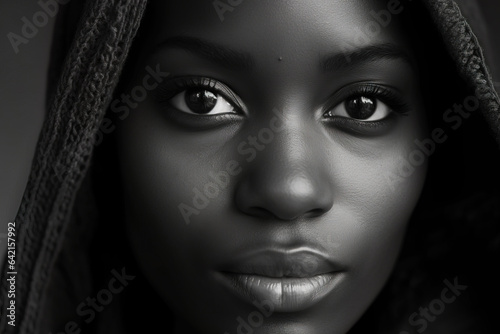 Close up black and white photo of african american woman staring. Female model high quality studio photo