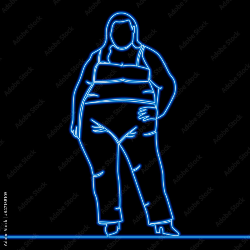 Naklejka premium Continuous line drawing Oversize obesity large lady Body positive woman icon neon glow vector illustration concept