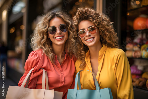 Portrait of two happy young women dressed in summer clothes holding shopping bags