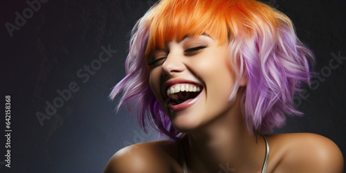 laughing woman with multicolor hairstyle