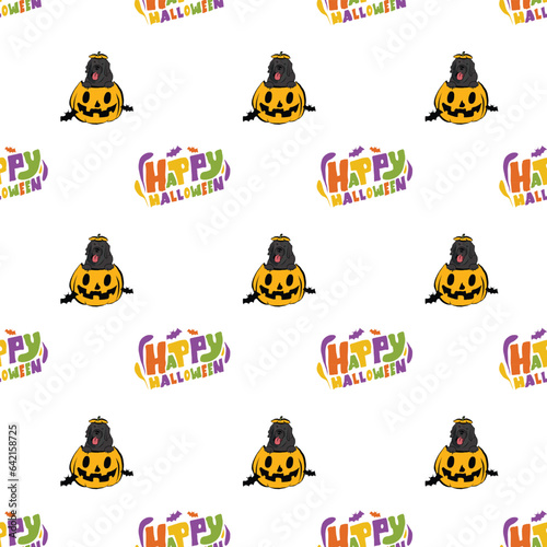 Happy Halloween seamless pattern. Halloween pattern with Happy Halloween text and Newfoundland dog peeking out from the pumpkin, with paws. Colorful Calligraphy, Hand Drawn Cartoon Halloween cartoon.