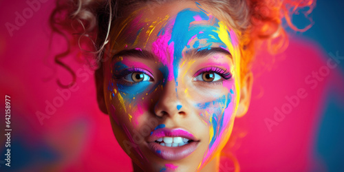 teenager's face, covered in vibrant face paint, symbolizing youthful exuberance