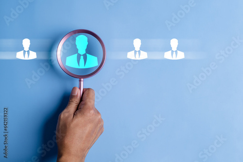 search, seek, hr, find, background, talent, management, resource, choose, executive. background image is hand hold magnifier to find seeking talent of human from people for put into the right job.