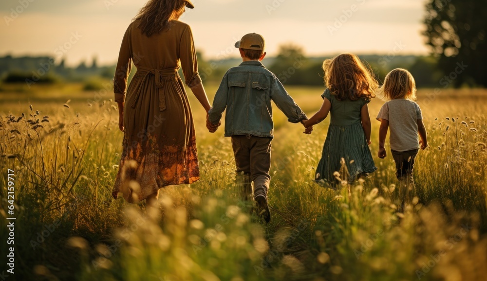 Fototapeta premium parent, meadow, family, mother, child, relaxation, journey, nature, freedom, together. background image is mother and children walk together at meadow, field of flower on sunset to relaxation.