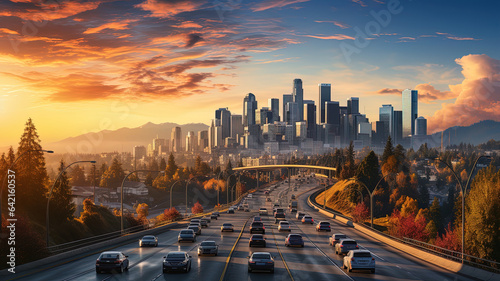 busy urban highway during the morning rush hour. The city skyline serves as the background