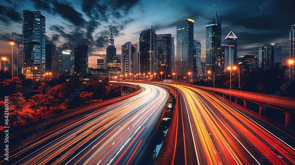 Fototapeta premium Light trails move towards the financial district. Long exposure