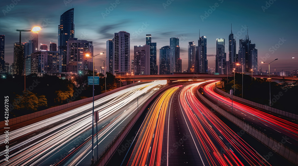 Light trails move towards the financial district. Long exposure