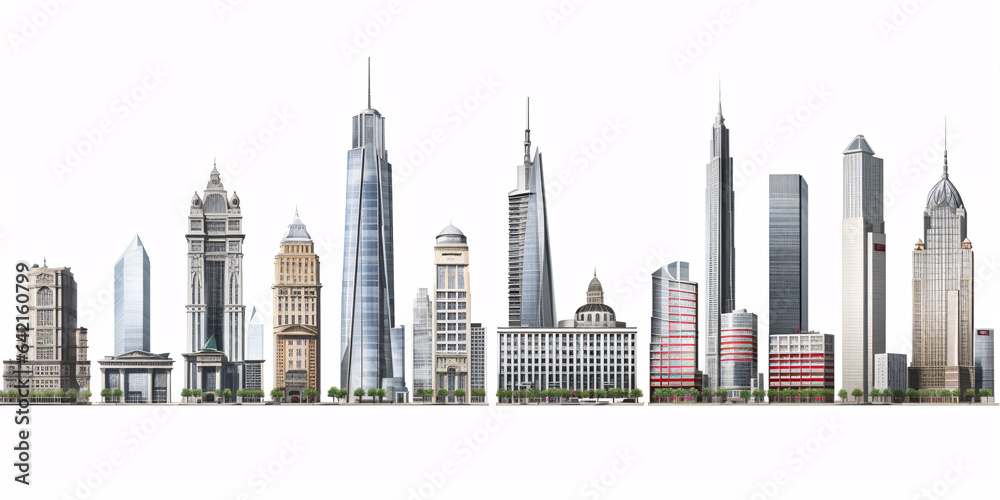 Diverse assembly of skyscraper buildings in a illustration, standing alone on a white canvas.