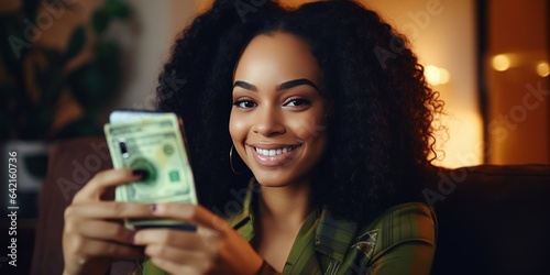 Joyful Woman  Delighted with Cash and Phone, Generative AI