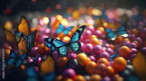 Illustration of a butterfly perched on a colorful balloon photo