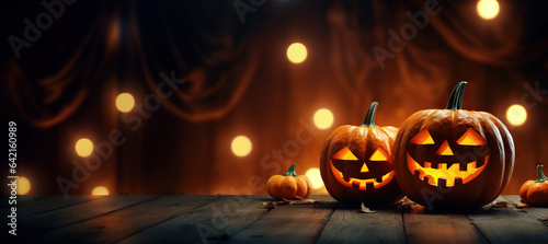 Jack O' Lantern halloween pumpkins on background of a scary halloween night. Copy space