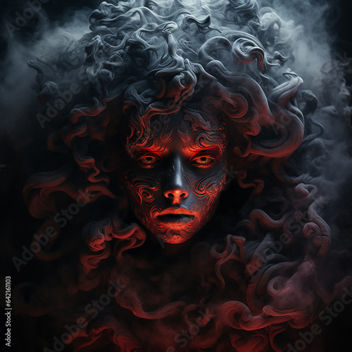 Scary background for halloween  on black contours evil mythical creature medusa gorgon in smoke  horror  nightmare