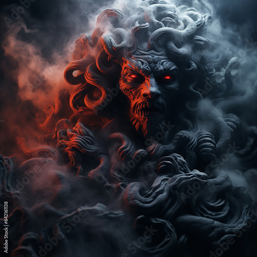 Scary background for halloween, on black contours evil mythical creature medusa gorgon in smoke, horror, nightmare