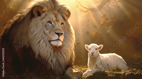The Lion and the Lamb  Bible s description of the coming of Jesus Christ. AI-generated black and white image