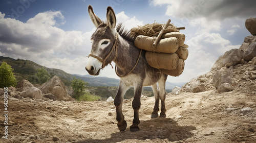 A donkey carrying gravel.