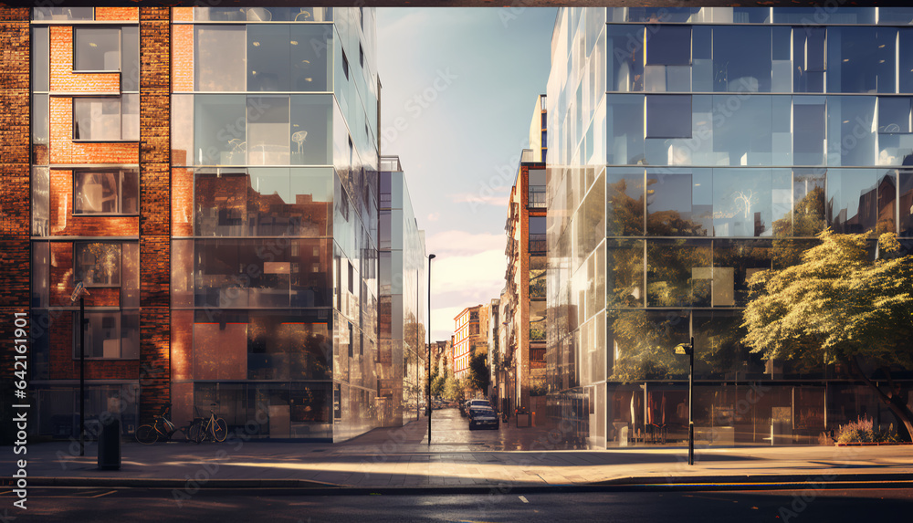 Obraz premium Residential apartment bloc with bricks, OMA Architecture, glass facade, facing the road in downtown London, photography, first-Person View, natural Light