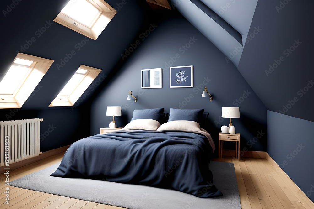 Organic Attic Bedroom Dark blue color palette. Centered perspective with photos mockup. Interior ...