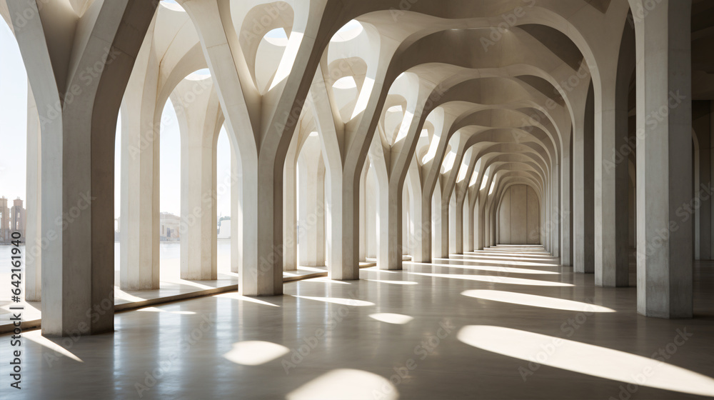 A long, white corridor in a geometric, contemporary concrete edifice is illuminated by the gentle touch of sunlight through its columns.. A long, white corridor in a geometric, contemporary concrete edifice is illuminated by the gentle touch of sunlight through its columns..