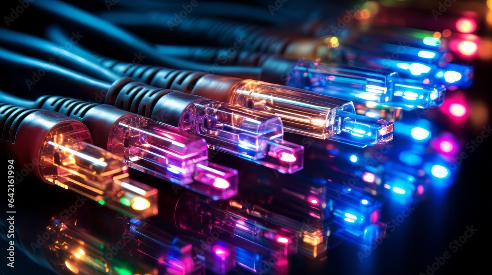 Fiber optic cable internet connection with colorful CPC computer