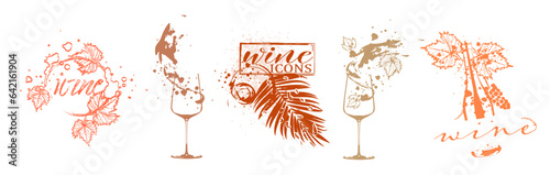Wine icons for wine events. Sketch vector illustration. Hand drawn elements for invitation cards, advertising banner and menu cards. Splashing wine.