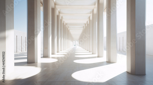 Within the confines of a modern, geometric concrete masterpiece, sunlight gracefully pierces the columns of a lengthy, white passageway..