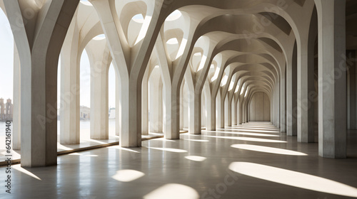 A long  white corridor in a geometric  contemporary concrete edifice is illuminated by the gentle touch of sunlight through its columns..