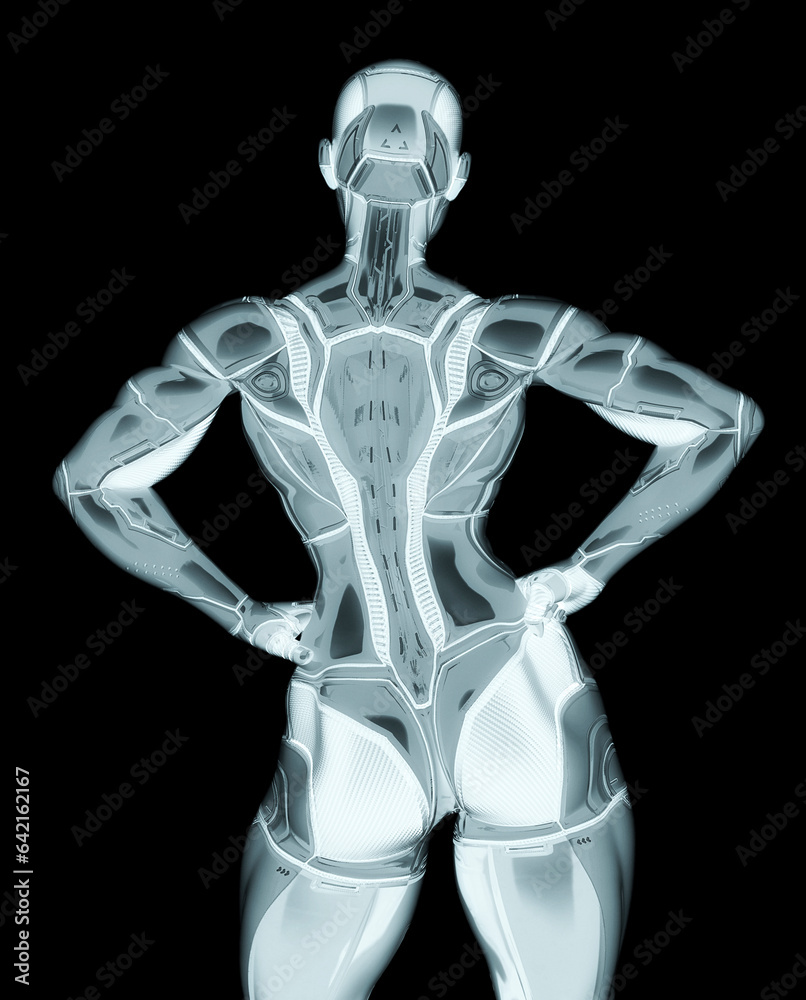 super cyborg girl is doing a super pose like a comic hero in close up rear view