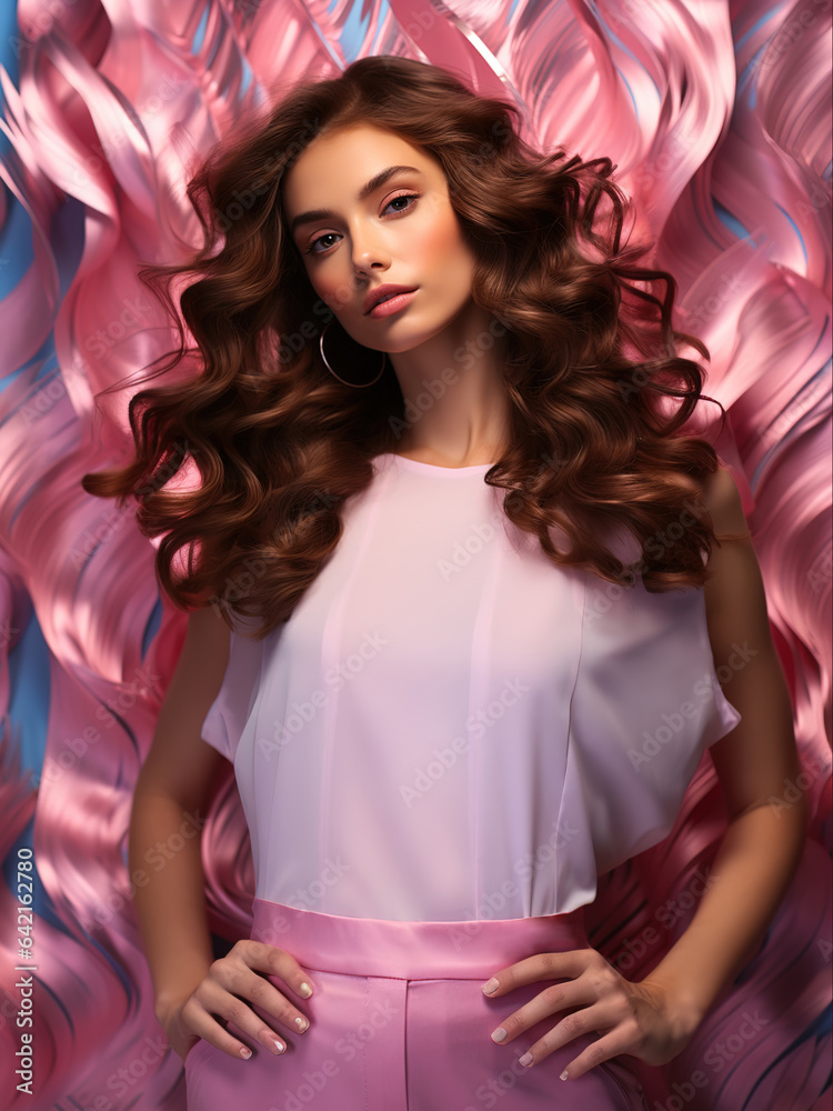 Naklejka premium Model brunette with wavy hairstyle. Attractive young girl with shiny brown hair posing in the studio. Hair care concept. ai design