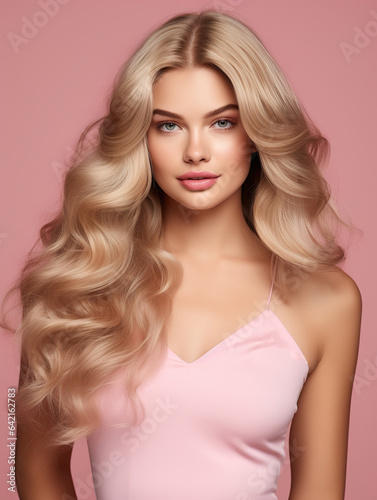 Beautiful blonde woman with long wavy shiny hair isolated on pink. Hair care concept. Ai design