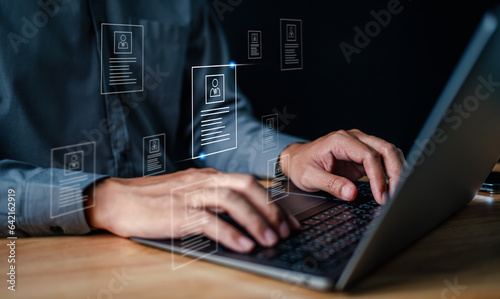 search, profile, hr, selection, background, talent, management, resource, choose, executive. typing keyboard at laptop for searching talent profile people. then select it for put the right man to job.