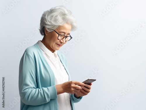 Elderly happy Asian woman looks into a smartphone on a white background. ai design