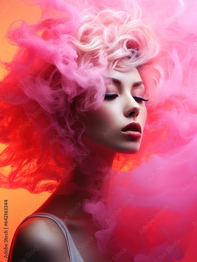 Mysterious sensual woman with bright make-up, shrouded in a background of colored smoke Mysterious sensual woman with bright make-up, shrouded in a background of colored smoke