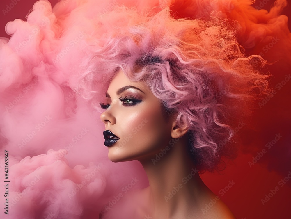 Mysterious sensual woman with bright make-up, shrouded in a background of colored smoke