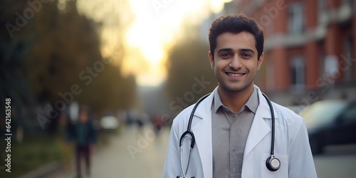 Indian Medical Student Beaming in White Coat  Waving, Generative AI