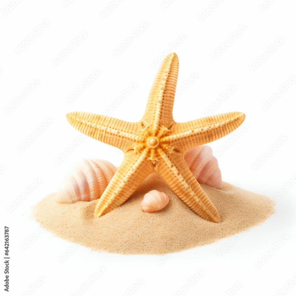 Starfish Atop Sand Pile on White. Generative ai Starfish Atop Sand Pile on White. Generative ai
